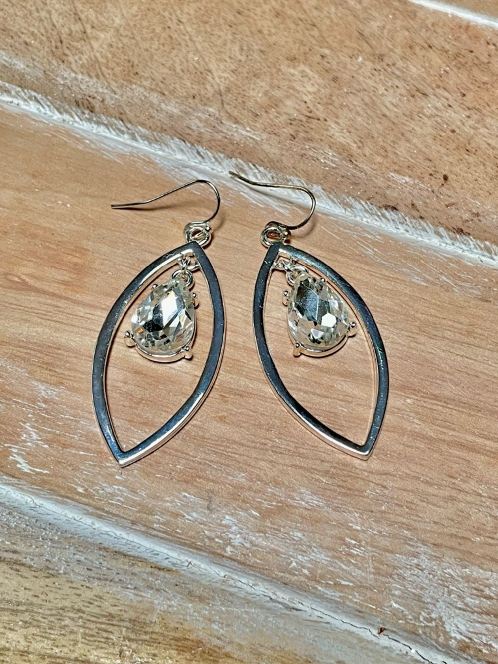 Silver Teardrop Frame Dangle Earrings with Clear Crystal